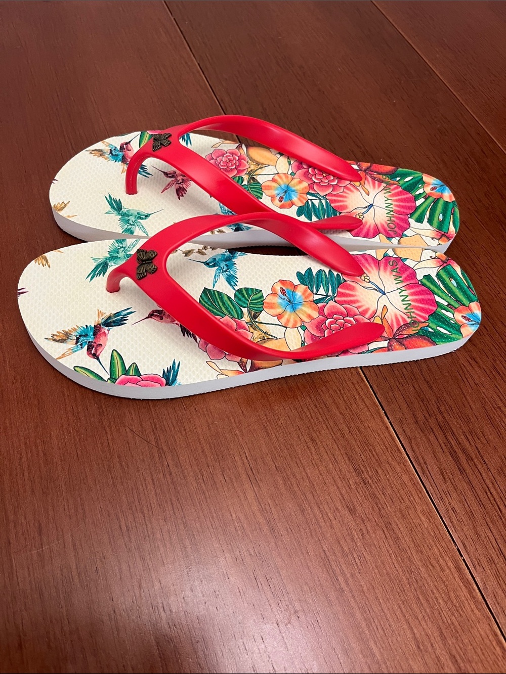 Johnny Was floral Print Red Women's Flip Flops - Picture 2 of 4